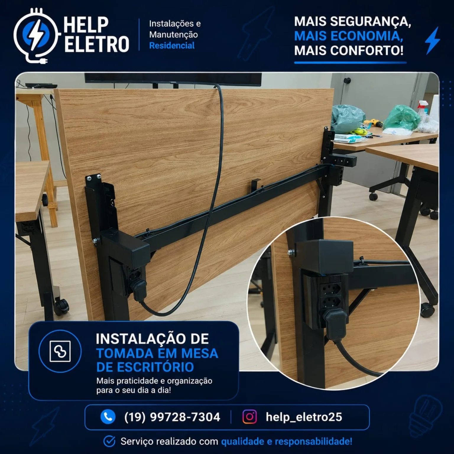 Instalação de tomada em mesa de escritório